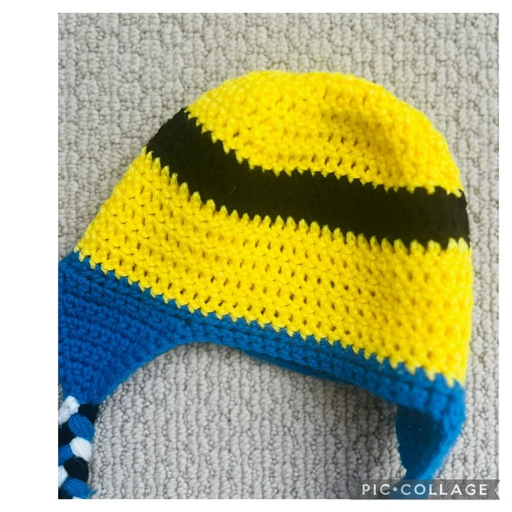 Crochet Minion Inspired Kids Hat Earflaps Braided Ties Toddler Child